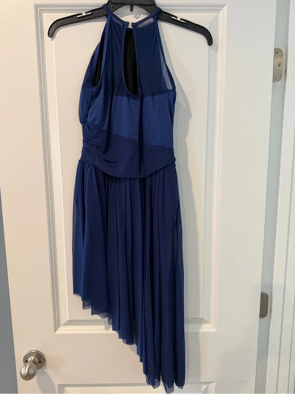 Navy Halter Asymmetrical Costume with Gold Floral Appliqué
